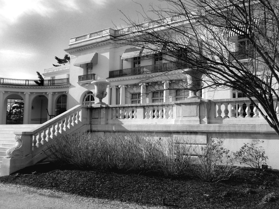 The Guggenheim Mansion steps leading to the courtyard from the field (former location of pond)
