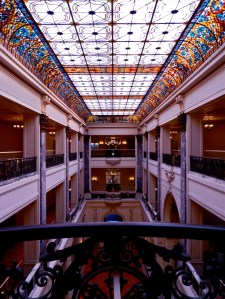 100 foot long Venetian stained-glass skylight over main hall. 