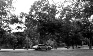 Porsche heading up the Natirar driveway towards the house and Ninety Acres