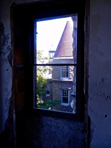 Photo looking out of fourth floor bedroom. An eerie reminder that while the house looks finished outside, it was left incomplete on that horrible day in 1904