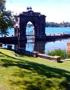 Original entrance by boat. Male deer on top called "harts" represent George Boldt's European heritage. The deer were later added by the Thousand Island Bridge Authority. 