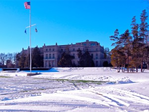 Southeast facade of home. The entry porte-cochere is located on the right. Just above that site Mr. Parson's bedroom, bathroom, and lounge on the south facade, the master family room on the east facade over the entrance, and Mrs. Parson's bedroom, bathroom and lounge on the north east side. 