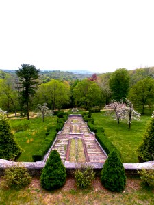 View from courtyard above lowest level of house. Parallel stairs lead down to Ravine Lake and original driveway. 